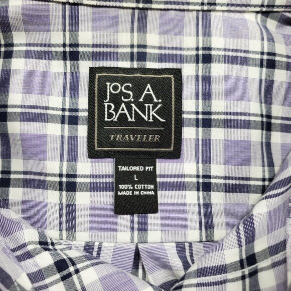 Jos. A Banks Traveler Long Sleeve Button Up Plaid Shirt Purple White Men Sz L - Picture 3 of 13